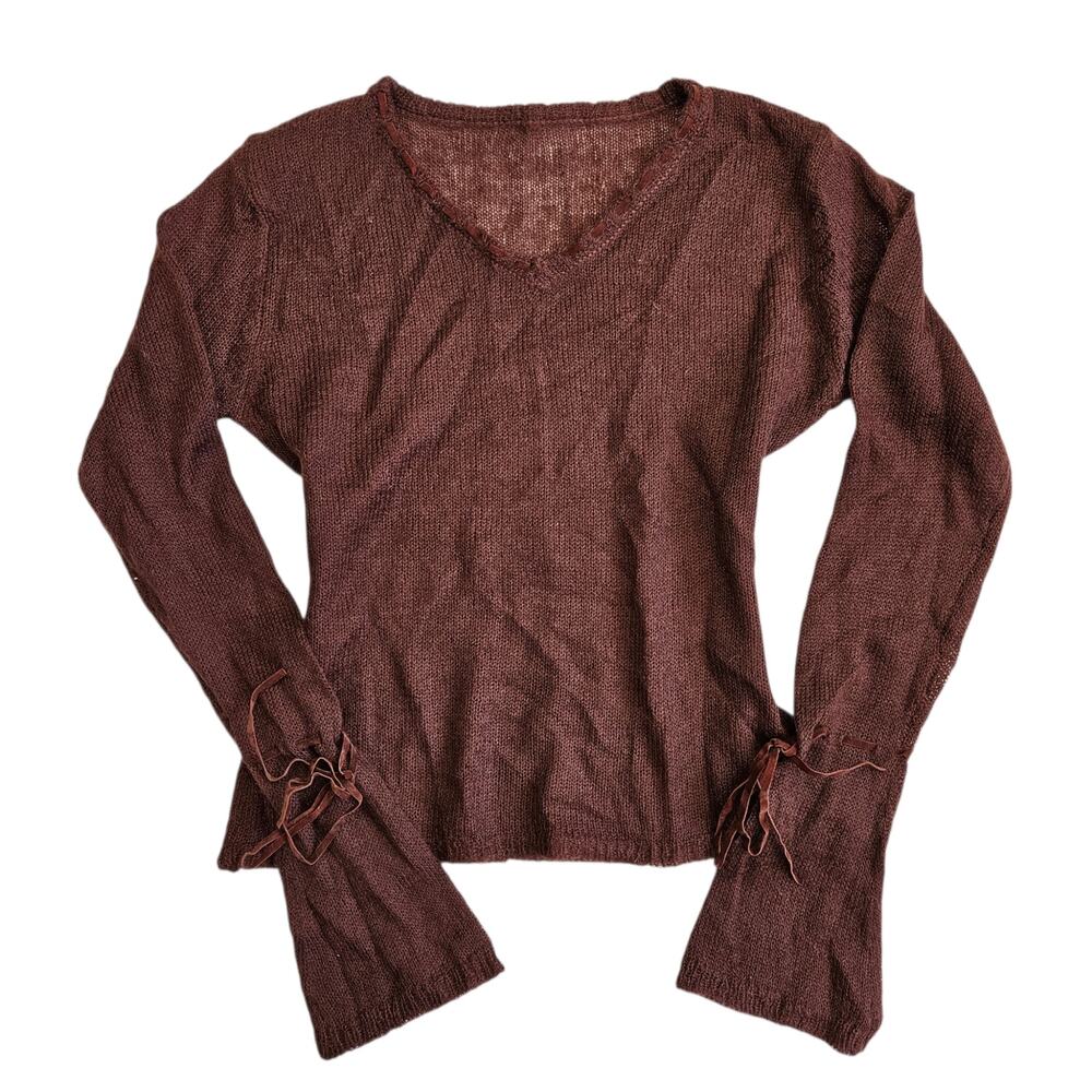 Y2k Fairycore Sweater Lightweight Bell Sleeve Semi Sheer Knit Brown - Medium